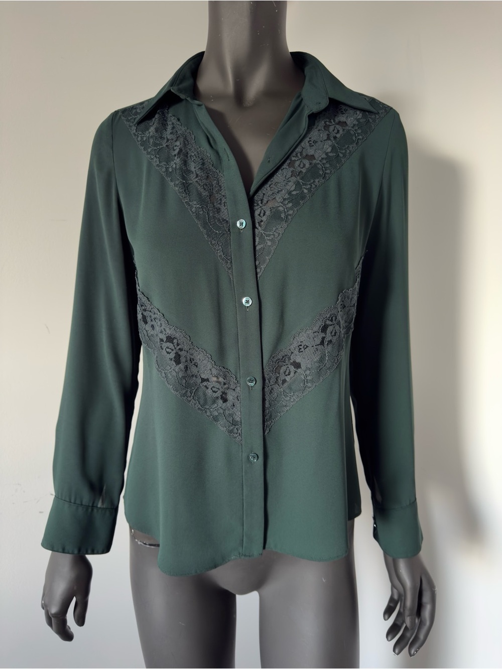 334. Babaton Dark Green Lace Trim Button Front Blouse Size Small